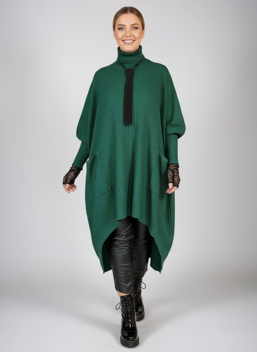 Cheron Paris™ | Robe tricotée asymétrique verte avec col roulé