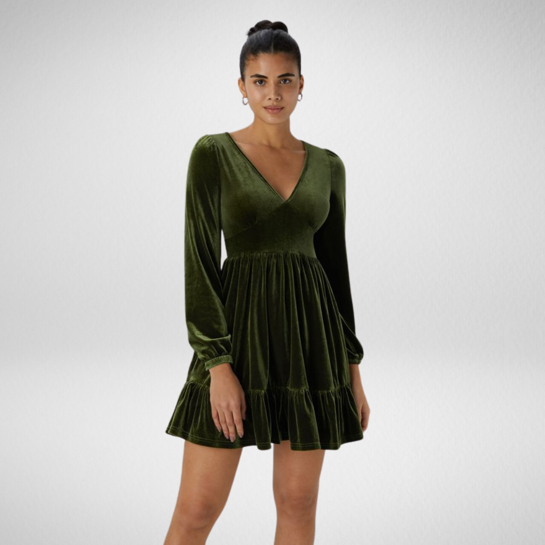 Cheron Paris | Quotidien Robe de Soirée Mini en Velours à Encolure en V Profond et Ourlet Volanté