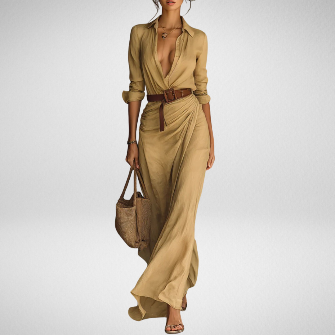 Cheron Paris  | Robe maxi sophistiquée avec ceinture ajustable et revers élégants